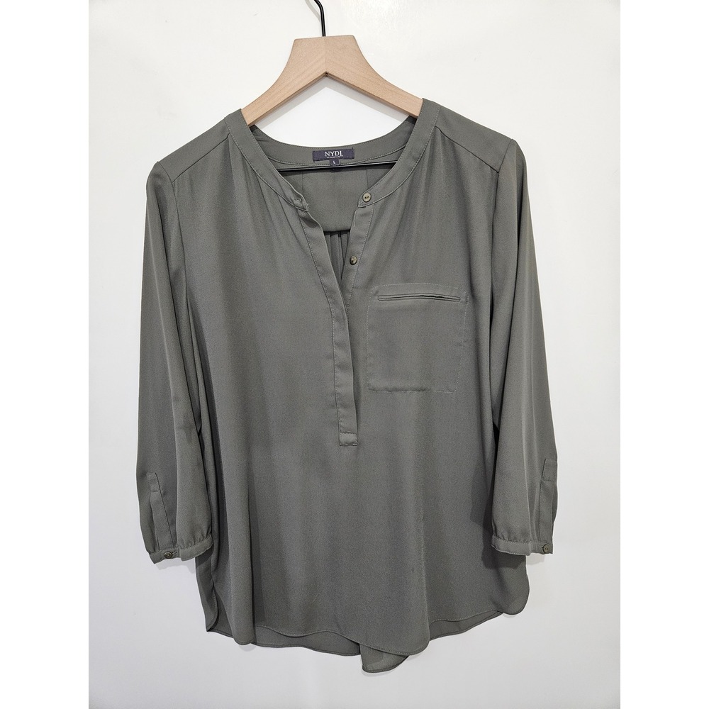 NYDJ Womens Olive Green Henley Blouse 3/4‎ Sleeve Pleated Back Top Size L